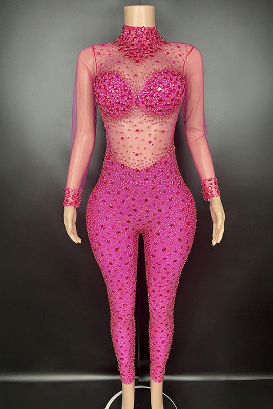 Seductive mesh crystal jumpsuit