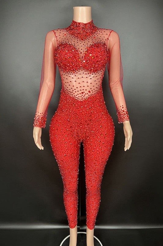 Seductive mesh crystal jumpsuit