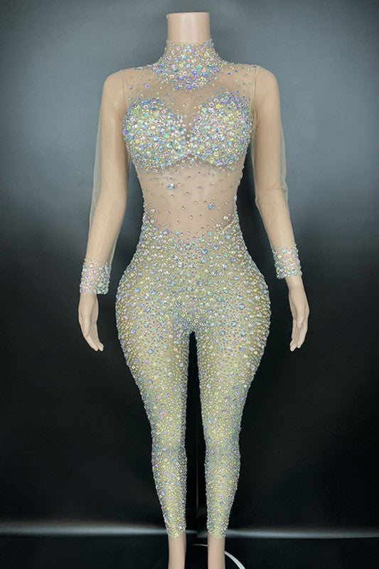 Seductive mesh crystal jumpsuit