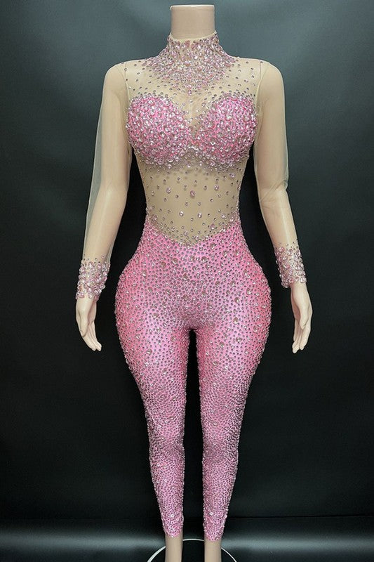 Seductive mesh crystal jumpsuit