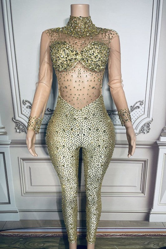 Seductive mesh crystal jumpsuit