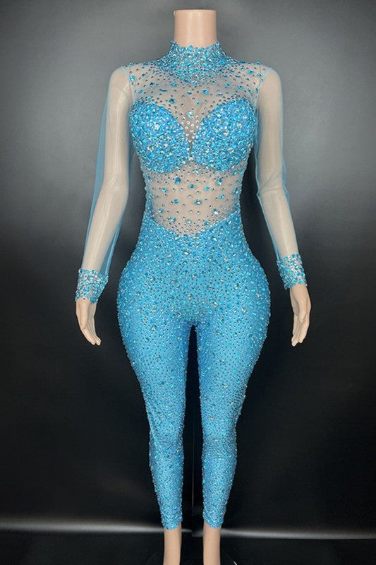 Seductive mesh crystal jumpsuit