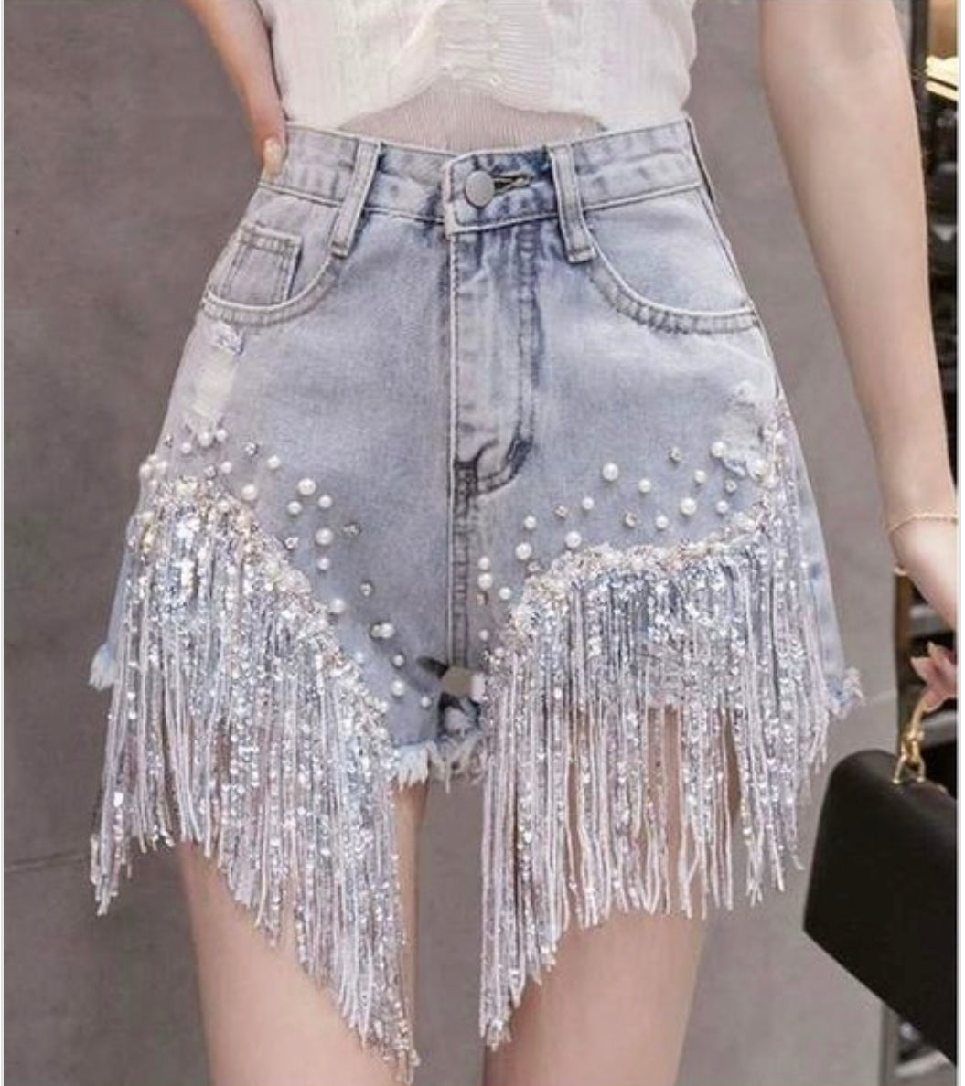 Sequined Tassel  Denim Shorts