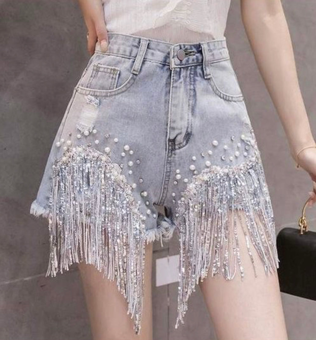 Sequined Tassel  Denim Shorts