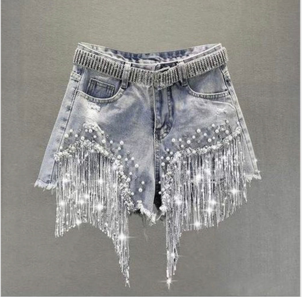 Sequined Tassel  Denim Shorts