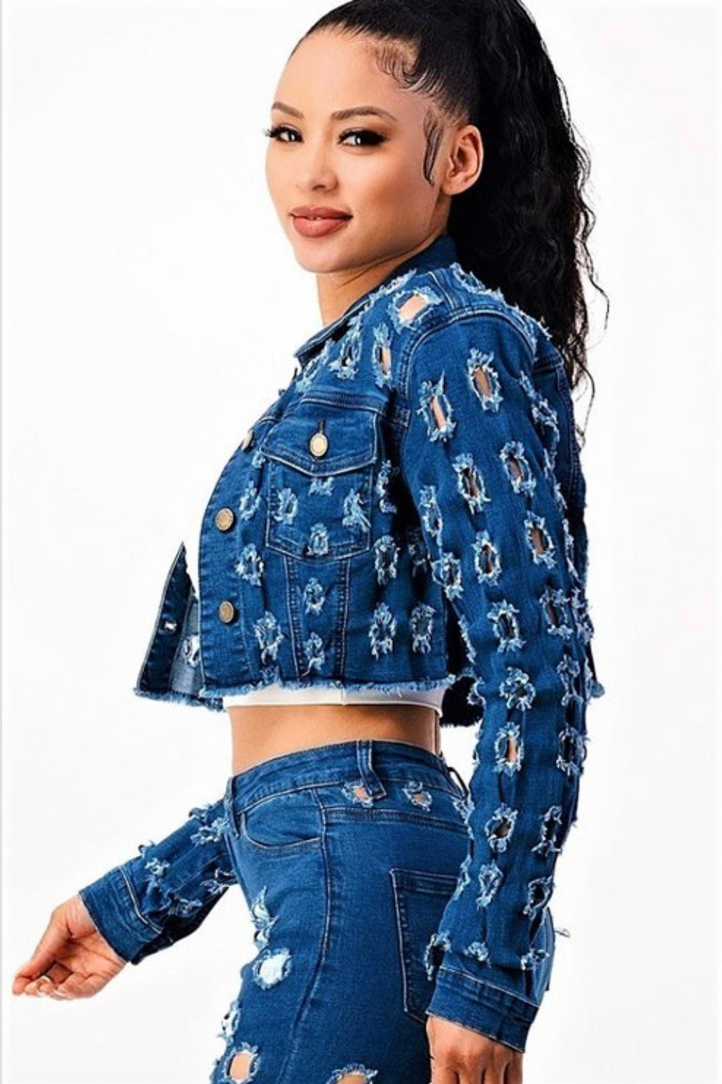 Denim cropped hole jacket