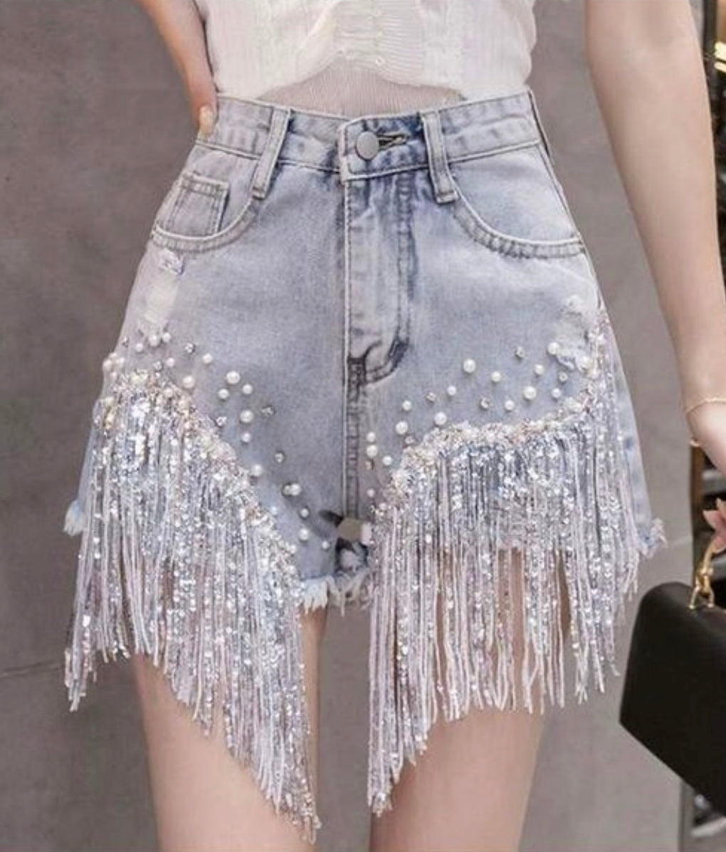 Sequined Tassel  Denim Shorts