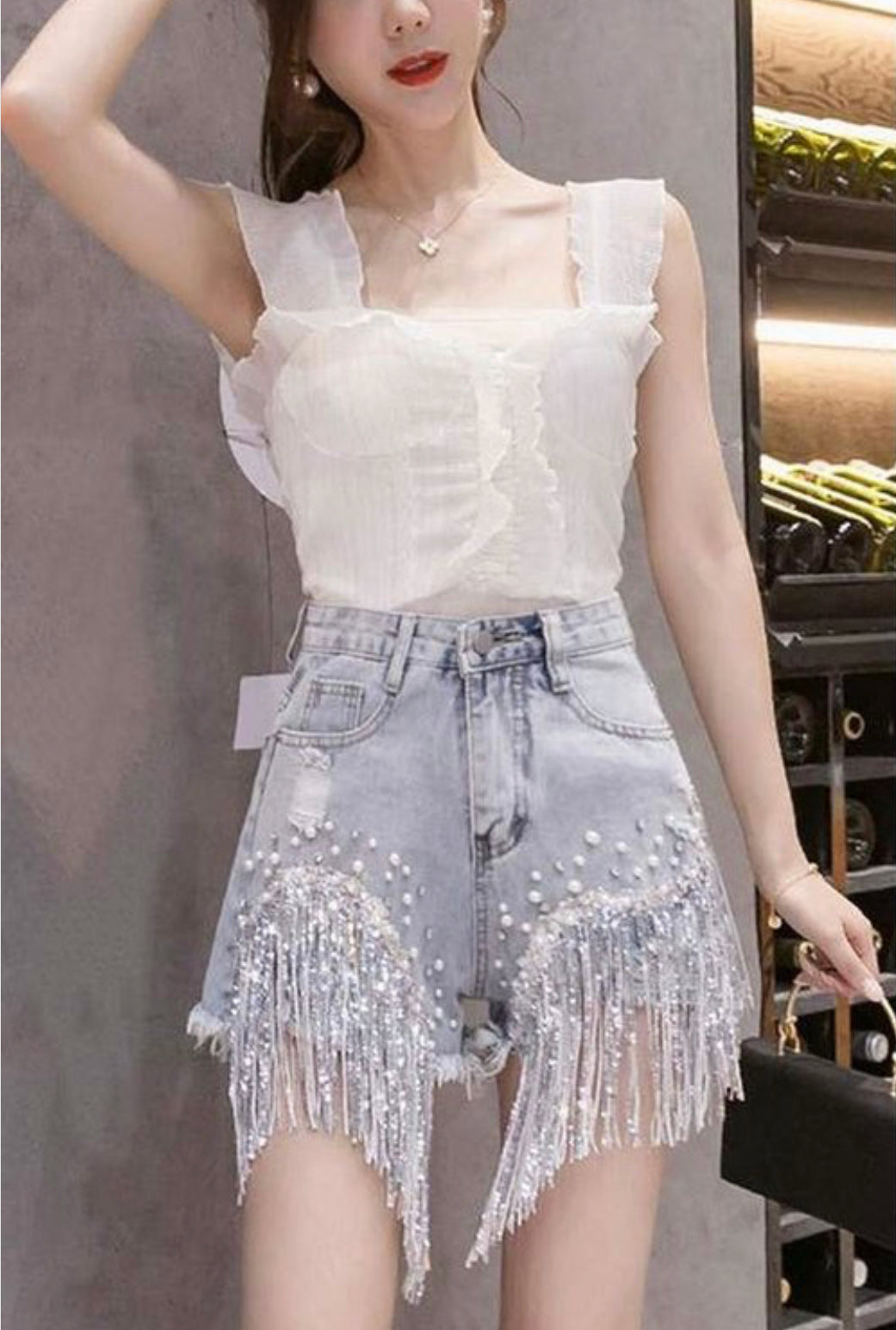 Sequined Tassel  Denim Shorts