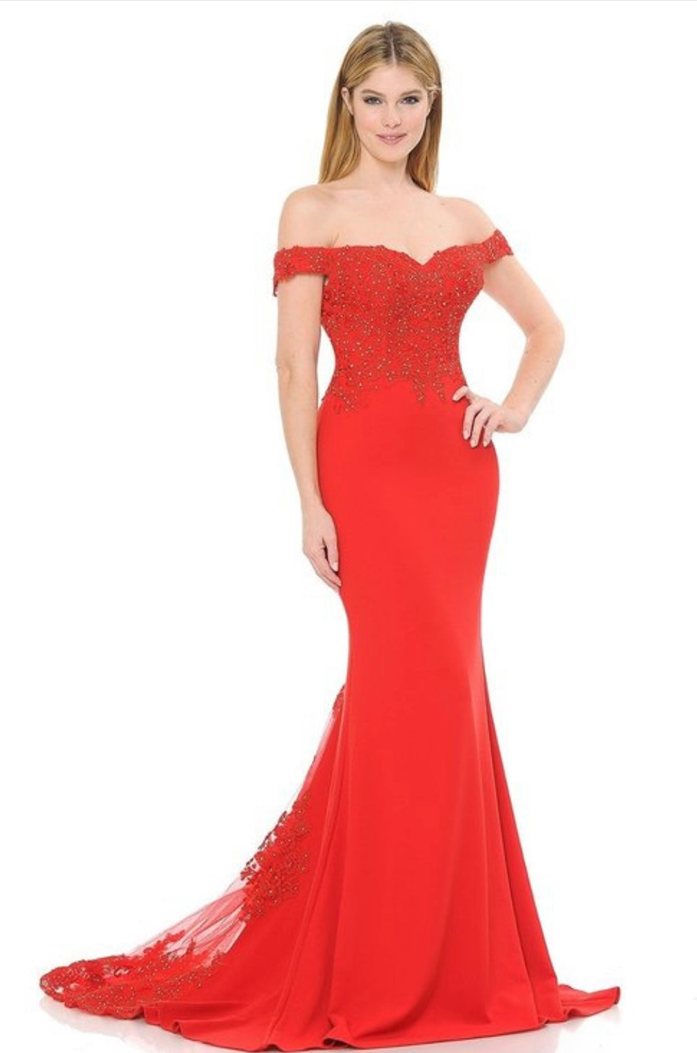 Embroidered Off Shoulder Trumpet Dress