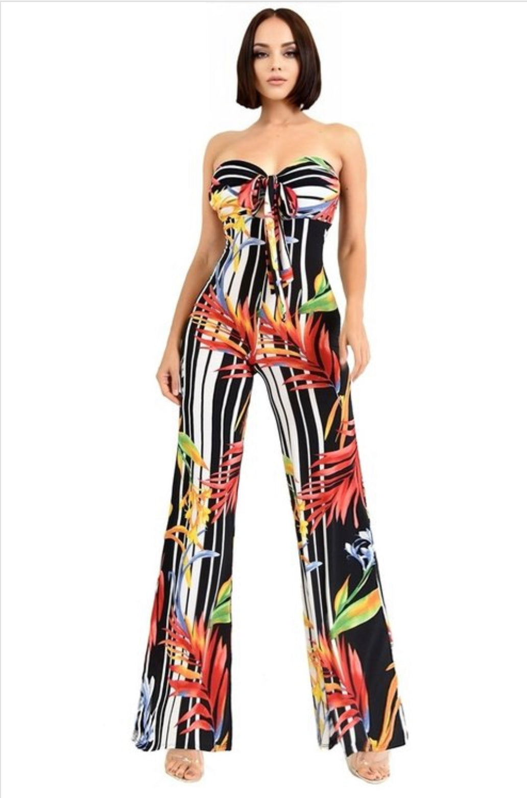 FLORAL TIE BUST TUBE JUMPSUIT