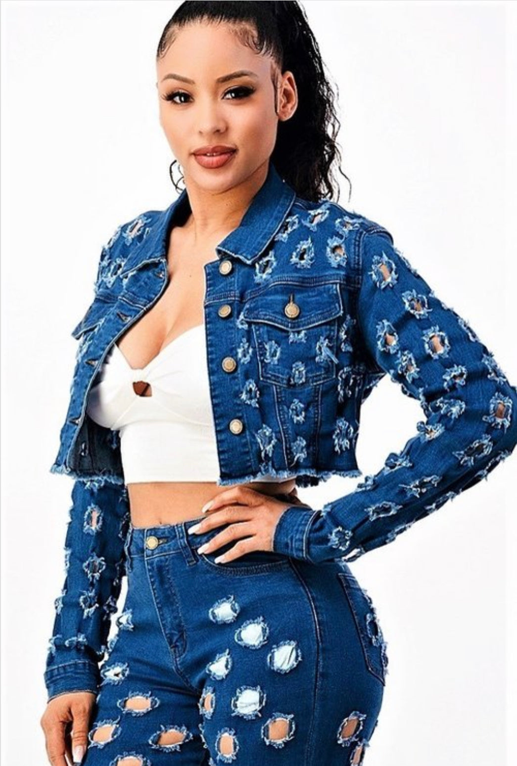 Denim cropped hole jacket